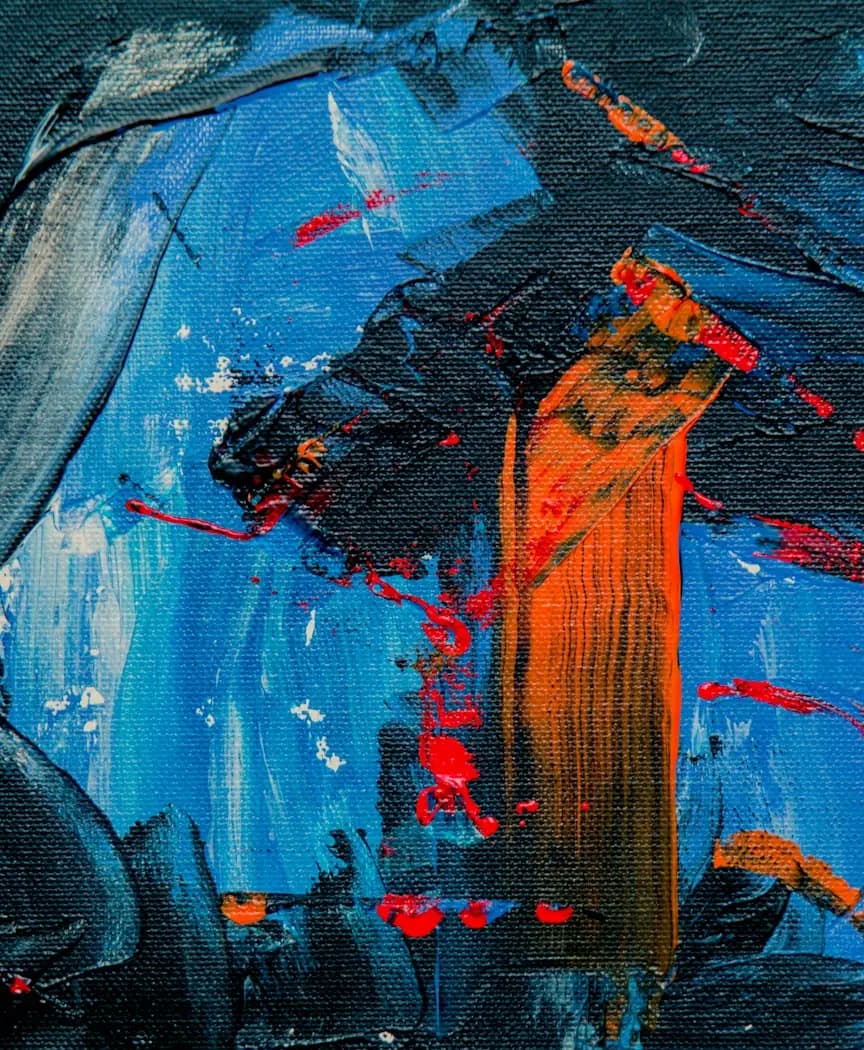 Expressive abstract artwork in blue, orange and red
